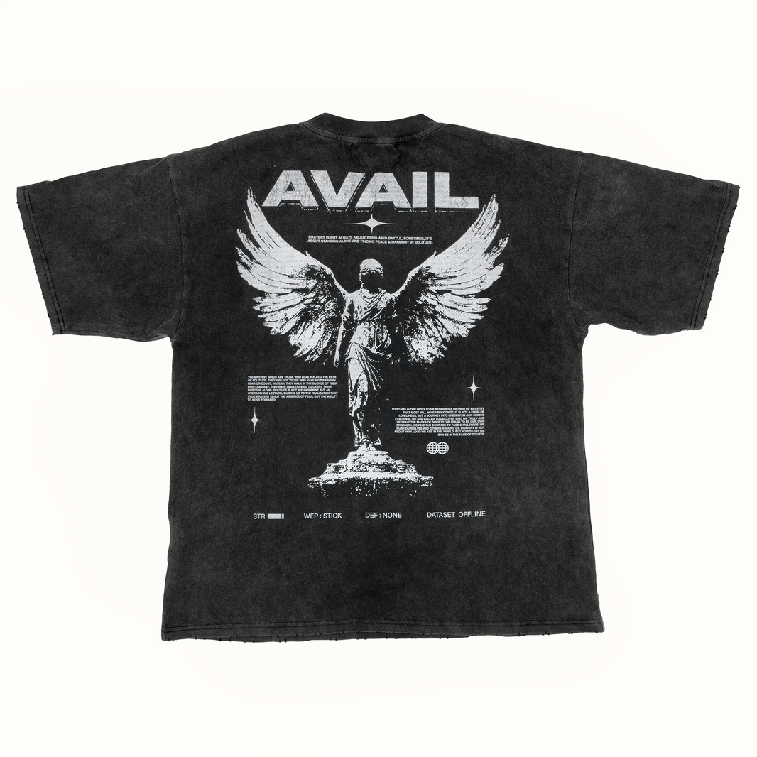 Black t-shirt with a statue and 'AVAIL' text on a white background