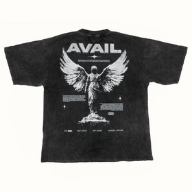 Black t-shirt with a statue and 'AVAIL' text on a white background